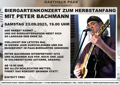 Foto von Peter mit Gitarre, Infos zum Herbstkonzert im Paas-Biergarten am 23.09.2023
