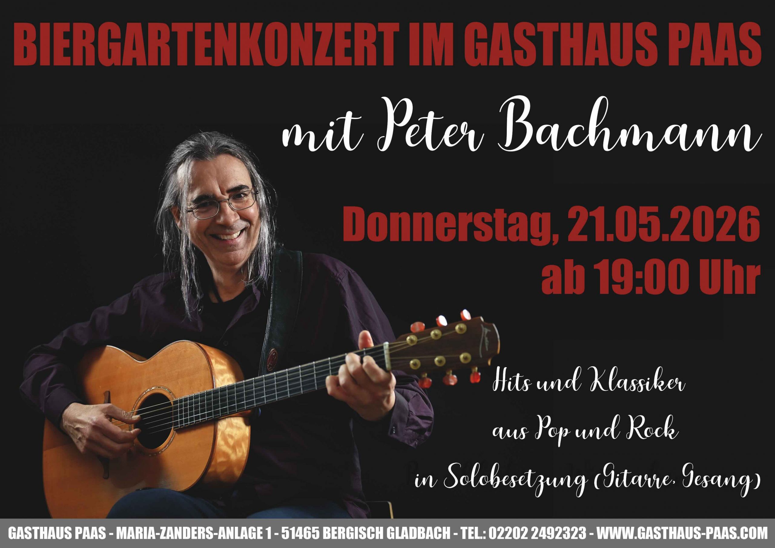 Ein Foto von Peter mit Gitarre, Flyer für das Live-Konzert im Gasthaus Paas am 21.02.2026